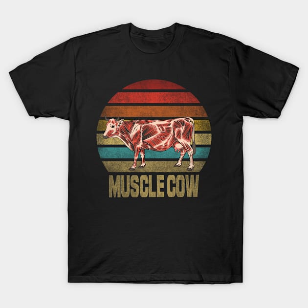 Muscle Cow Animal Retro Sunset T-Shirt by The Agile Store